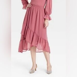 A New Day Day Rose Pink Women’s Chic Ruffle Midi Asymmetrical Skirt XS NWT